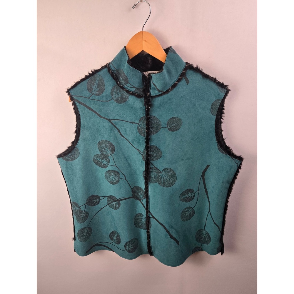 Robert Kitchen Canada Faux Suede Fur Lined Vest Teal Blue Leaf Print Large 1336